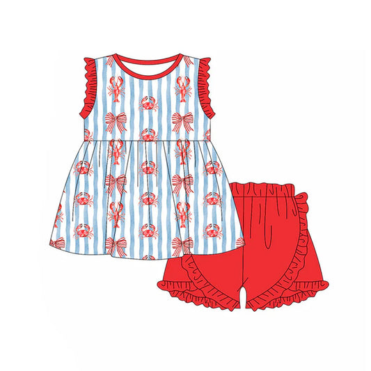Preorder(moq 5) Baby Girls Crayfishes Crabs Stripe Tunic Ruffle Shorts Clothes Sets 11.13