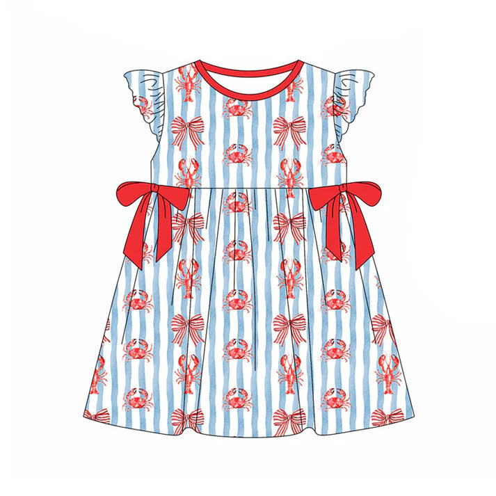 Preorder(moq 5) Baby Girls Blue Stripe Crayfishes Crabs Bows Knee Length Dresses 11.13
