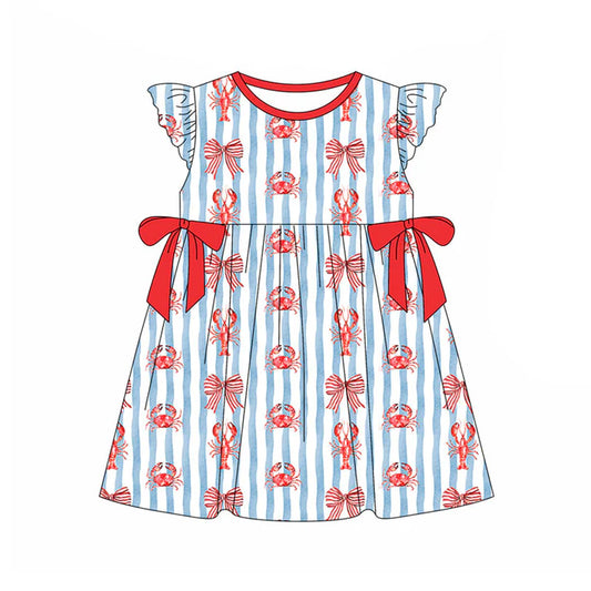 Preorder(moq 5) Baby Girls Blue Stripe Crayfishes Crabs Bows Knee Length Dresses 11.13
