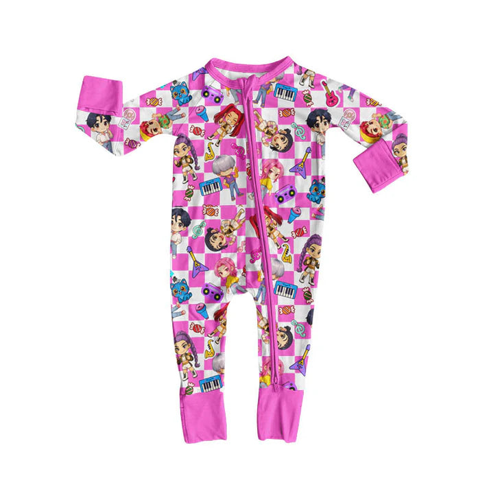 Preorder (moq 5)Baby Girls Pink Long Sleeve Cartoon Girls Music Zipper Footie Rompers 10.11