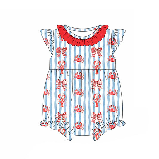 Preorder (moq 5)Baby Girls Flutter Sleeve Blue Stripe Crayfishe Crab Ruffle Collar Rompers 11.13