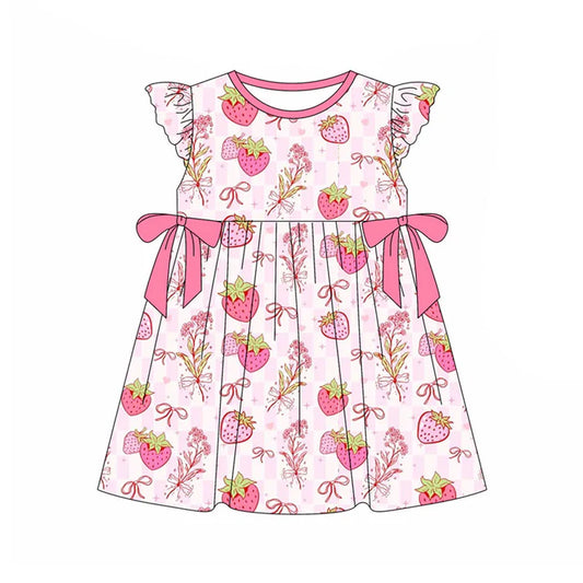 Preorder(moq 5) Baby Girls Pink Checked Strawberry Bows Knee Length Dresses 11.13