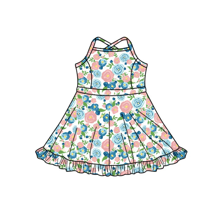 Preorder (moq 5)Baby Girls Strap Colorful Flowers Ruffle Shorts Knee Length Dresses 11.27