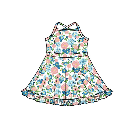 Preorder (moq 5)Baby Girls Strap Colorful Flowers Ruffle Shorts Knee Length Dresses 11.27