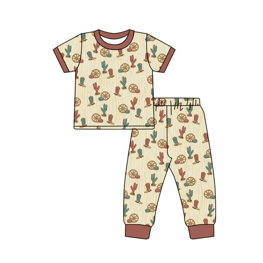 Preorder moq 5 Baby Boys Khaki Short Sleeves Boots Cactus Top Pants Pajamas Set 5.8