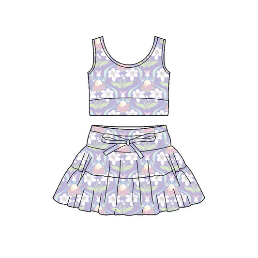 Preorder (moq 5)Baby Girls Flower Rabbits Vests Ruffle Skirt Short Easter Clothes Sets 1.9