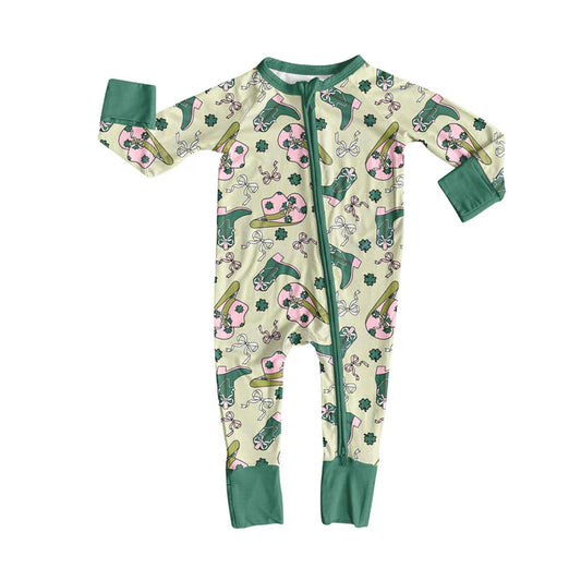 Preorder (moq 5)Baby Girls Clovers Boots Hats St Patrick Western Zipper Footie Rompers 10.9