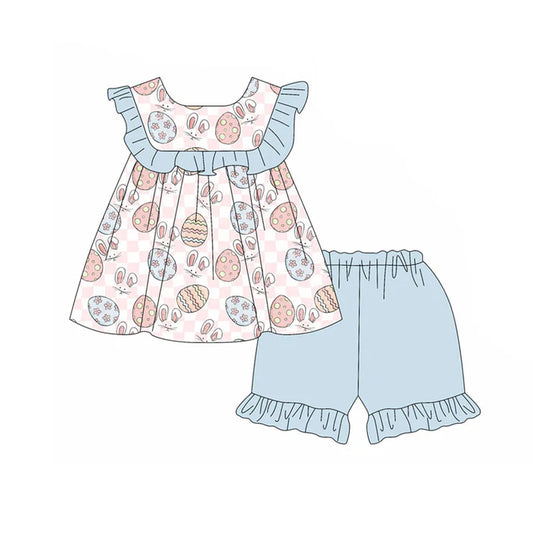 Preorder(moq 5) Baby Girls Pink Checked Rabbits Eggs Tunic Ruffle Shorts Easter Clothes Sets 11.19