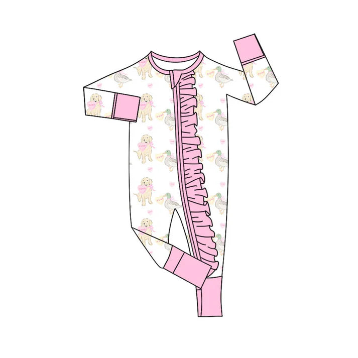 Preorder (moq 5)Baby Girls Hearts Ducks Dogs Valentine Ruffle Zipper Footie Rompers 10.30