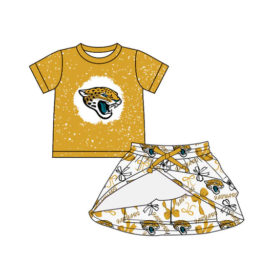Preorder (moq 5)Baby Girls Yellow Short Sleeves Eaguars Top Bows Plaid Skorts Team Set 6.30