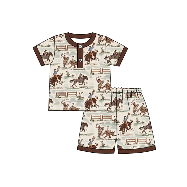 Preorder moq 5 Baby Boys Brown Short Sleeves Horse Rodeo Button Top Shorts Pajamas Set 4.14