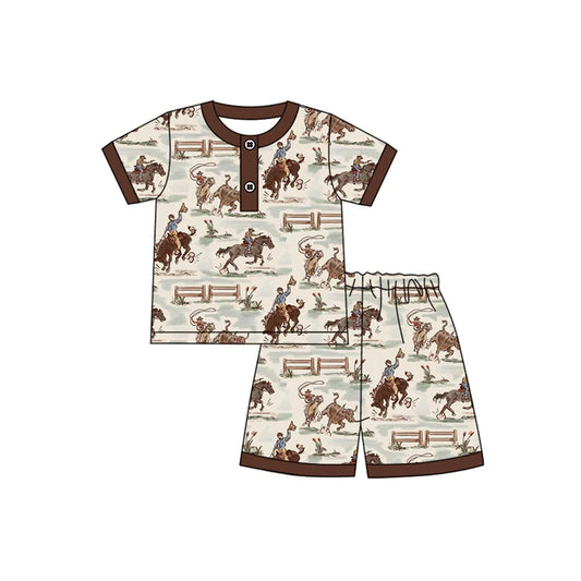 Preorder moq 5 Baby Boys Brown Short Sleeves Horse Rodeo Button Top Shorts Pajamas Set 4.14