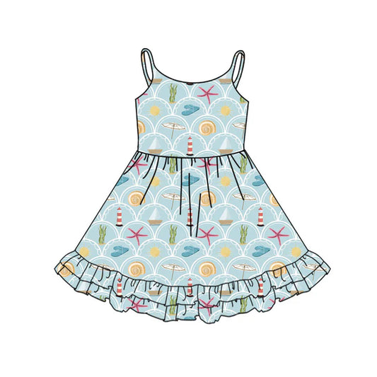 Preorder(moq 5) Baby Girls Strap Sea World Checked Ruffle Knee Length Dresses 11.13