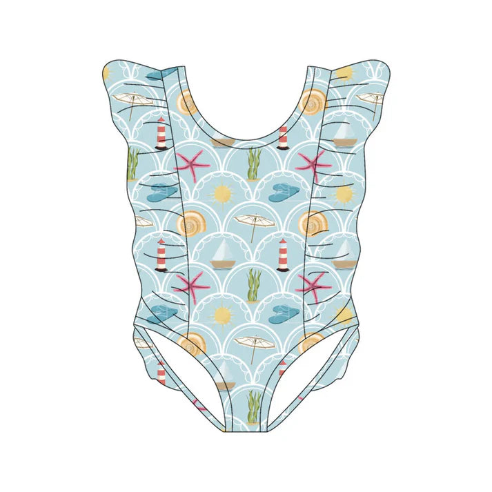Preorder(moq 5) Baby Girls Sea World Checked Ruffle Swimsuits 11.13