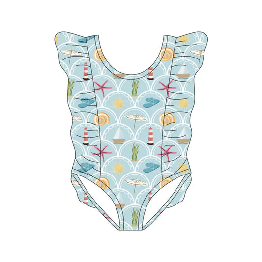 Preorder(moq 5) Baby Girls Sea World Checked Ruffle Swimsuits 11.13
