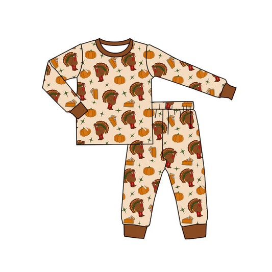 Preorder (moq 5)Baby Boys Khaki Short Sleeves Turkey Pumpkins Top Pants Pajamas Sets 6.21