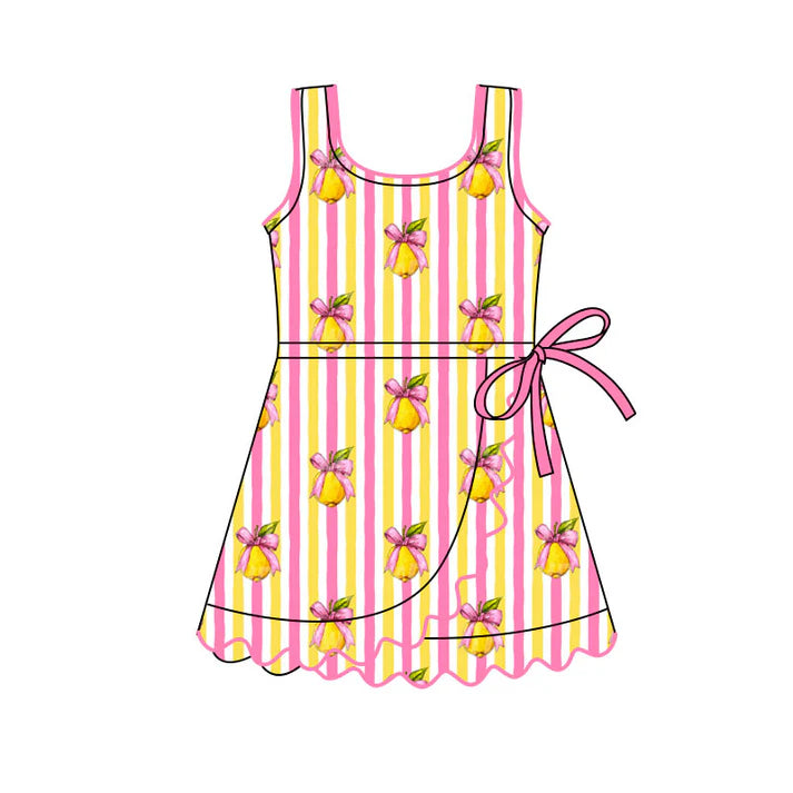 Preorder(moq 5) Baby Girls Pink Yellow Stripe Bows Lemons Ruffle Knee Length Dresses 11.13