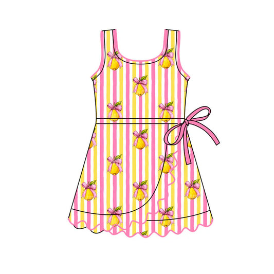 Preorder(moq 5) Baby Girls Pink Yellow Stripe Bows Lemons Ruffle Knee Length Dresses 11.13