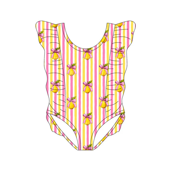 Preorder(moq 5) Baby Girls Pink Yellow Stripe Bows Lemons Ruffle Swimsuits 11.13