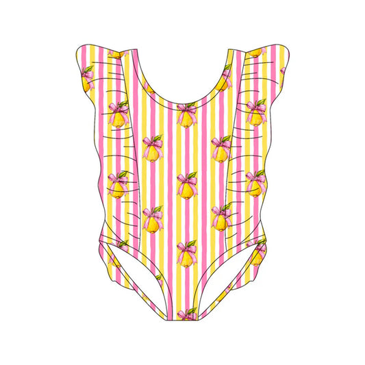 Preorder(moq 5) Baby Girls Pink Yellow Stripe Bows Lemons Ruffle Swimsuits 11.13