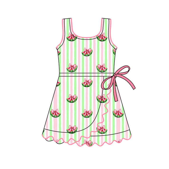 Preorder(moq 5) Baby Girls Pink Green Stripe Bows Watermelons Ruffle Knee Length Dresses 11.13