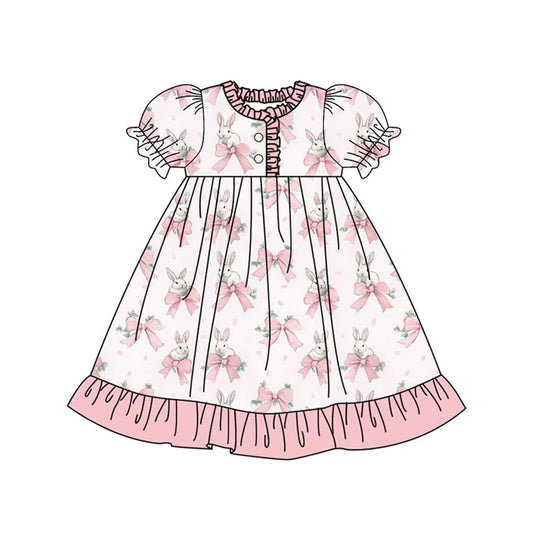 Preorder (moq 8)Baby Girls Pink Bows Rabbits Easter Button Ruffle Knee Length Dresses 9.16