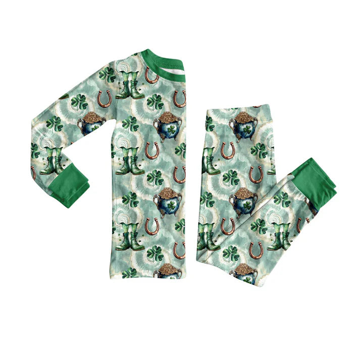 Preorder(moq 5) Baby Girls Clovers Boots Top Pants St Patrick Western Pajamas Sets 10.9