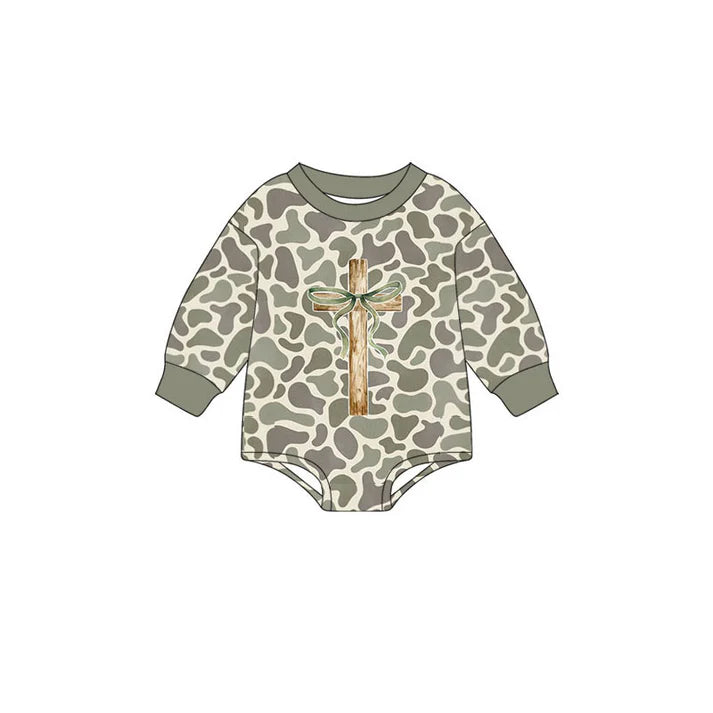 Preorder (moq 5)Baby Girls Green Camo Cross Easter Long Sleeve Rompers 10.23