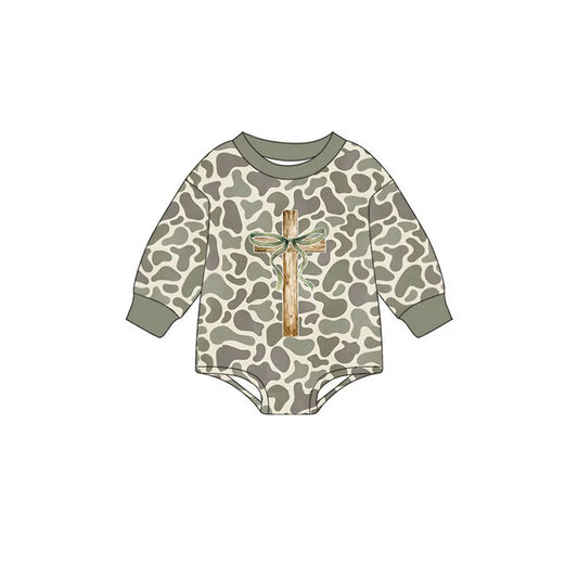 Preorder (moq 5)Baby Girls Green Camo Cross Easter Long Sleeve Rompers 10.23