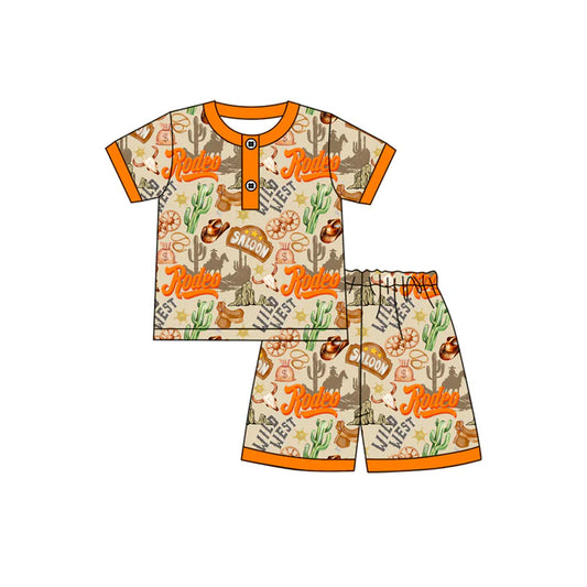 Preorder (moq 5)Baby Boys Orange Short Sleeves Button Cactus Hats Top Shorts Wild Western Pajamas Set 4.24