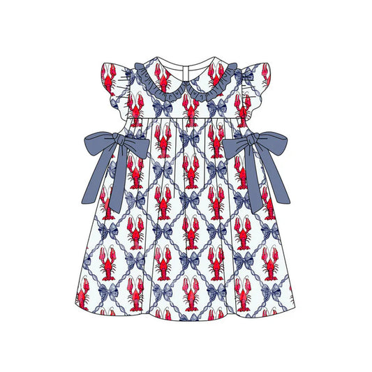 Preorder(moq 5) Baby Girls Crayfishes Bows Checked Flutter Sleeve Knee Length Dresses 11.13