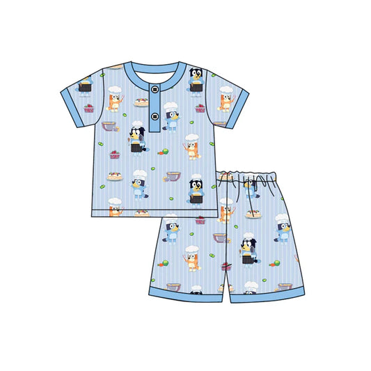 Preorder (moq 5)Baby Boys Blue Stripe Short Sleeves Button Cartoon Dogs Top Short Pajamas Set 4.25