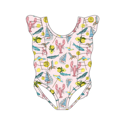 Preorder(moq 5) Baby Girls Crayfishes Fishes Boats Ruffle Swimsuits 11.13