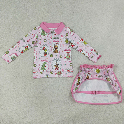 Baby Girls Clothes Green Face Frogs Trees Zip Top Skirt Shorts Christmas Clothes Sets GLD1609