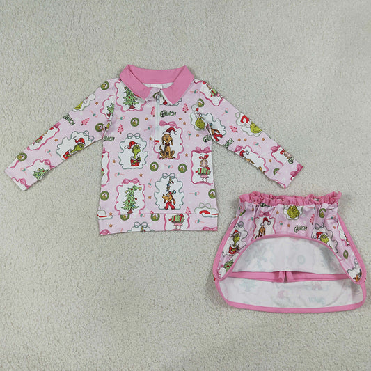 Baby Girls Clothes Green Face Frogs Trees Zip Top Skirt Shorts Christmas Clothes Sets GLD1609