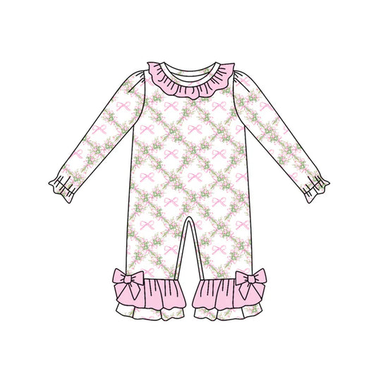 Preorder(moq 5)Baby Infant Girls Long Sleeves Pink Bows Flowers Plaid Ruffle Pants Rompers 7.30
