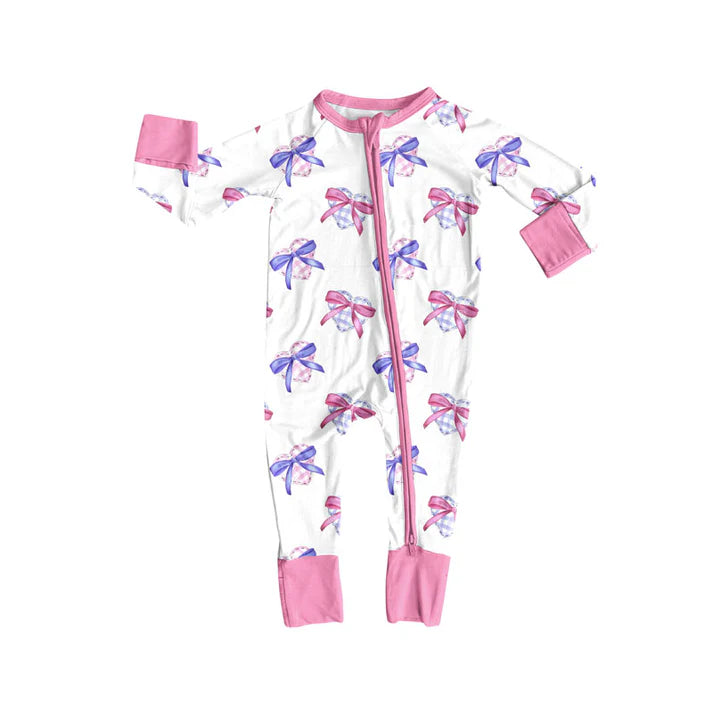 Preorder (moq 5)Baby Girls Checked Hearts Bows Valentine Zipper Footie Rompers 10.30