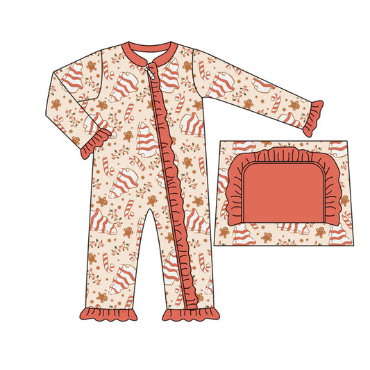 Preorder moq 5 Baby Infant Girls Long Sleeves Candy Cane Gingerbread Ruffle Zipper Romper 7.14