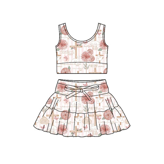 Preorder (moq 5)Baby Girls Flowers Crosses Vests Ruffle Skirt Short Easter Clothes Sets 1.9
