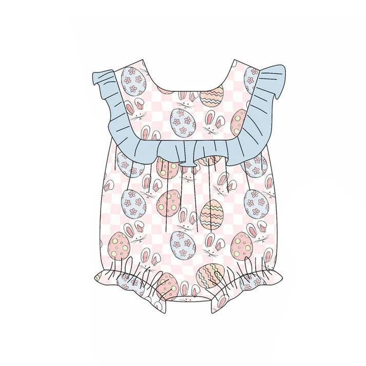 Preorder (moq 5)Baby Girls Pink Checked Rabbits Eggs Easter Ruffle Rompers 11.19
