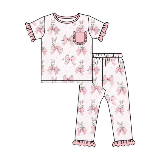 Preorder (moq 8)Baby Girls Pink Bows Rabbits Top Ruffle Pants Easter Pajamas Sets 9.16
