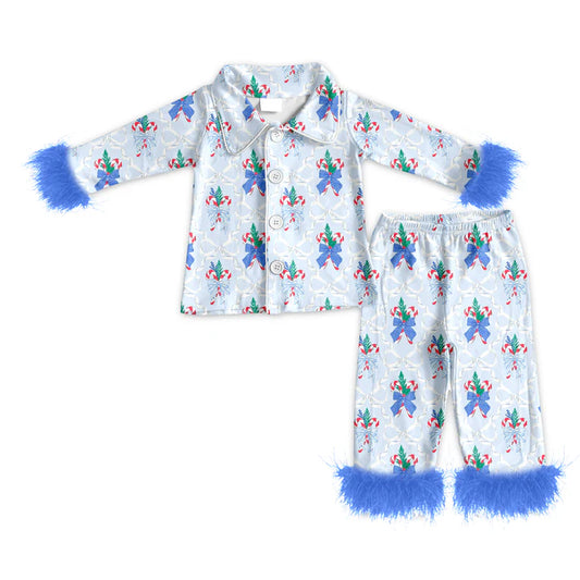 Preorder (moq 5)Baby Girls Blue Long Sleeves With Fur Button Bows Candy Cane Top Pant Pajamas Set 5.19