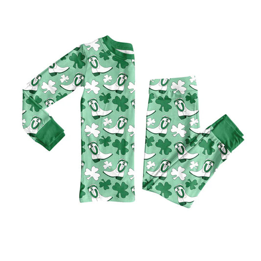 Preorder(moq 5) Baby Girls Clovers Boots Top Pants St Patrick Western Pajamas Sets 10.9