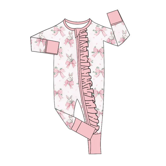 Preorder (moq 8)Baby Girls Pink Bows Rabbits Easter Ruffle Zipper Footie Rompers 9.16
