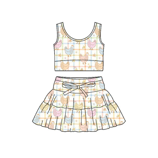 Preorder (moq 5)Baby Girls Flower Chicks Checked Vests Ruffle Skirt Short Farm Clothes Sets 1.9