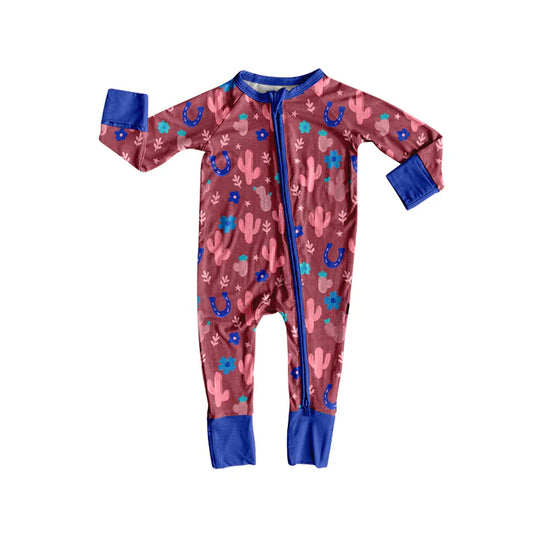 Preorder(moq 5)Baby Girls Western Cactus Zipper Footie Rompers 8.12