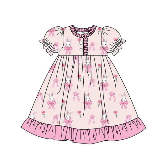 Preorder (moq 8)Baby Girls Pink Flowers Rabbits Easter Button Ruffle Knee Length Dresses 9.16