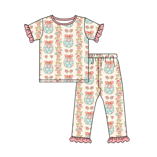 Preorder (moq 8)Baby Girls Eggs Flowers Stripe Top Ruffle Pants Easter Clothes Sets 9.12