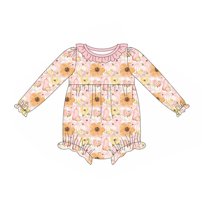 Preorder (moq 5)Baby Girls Long Ruffle Sleeves Peach Floral Pumpkins Rompers 5.23