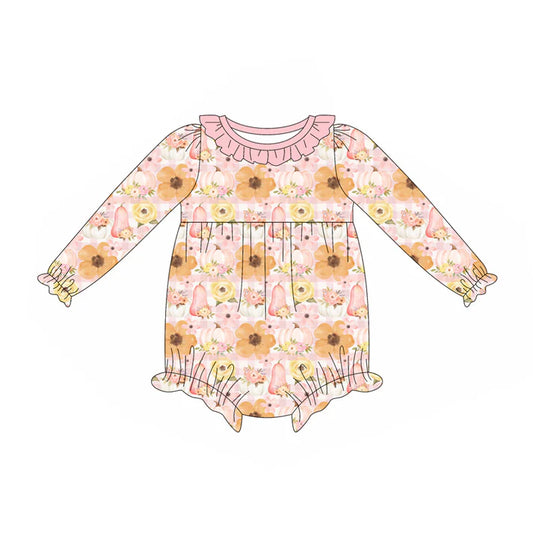 Preorder (moq 5)Baby Girls Long Ruffle Sleeves Peach Floral Pumpkins Rompers 5.23